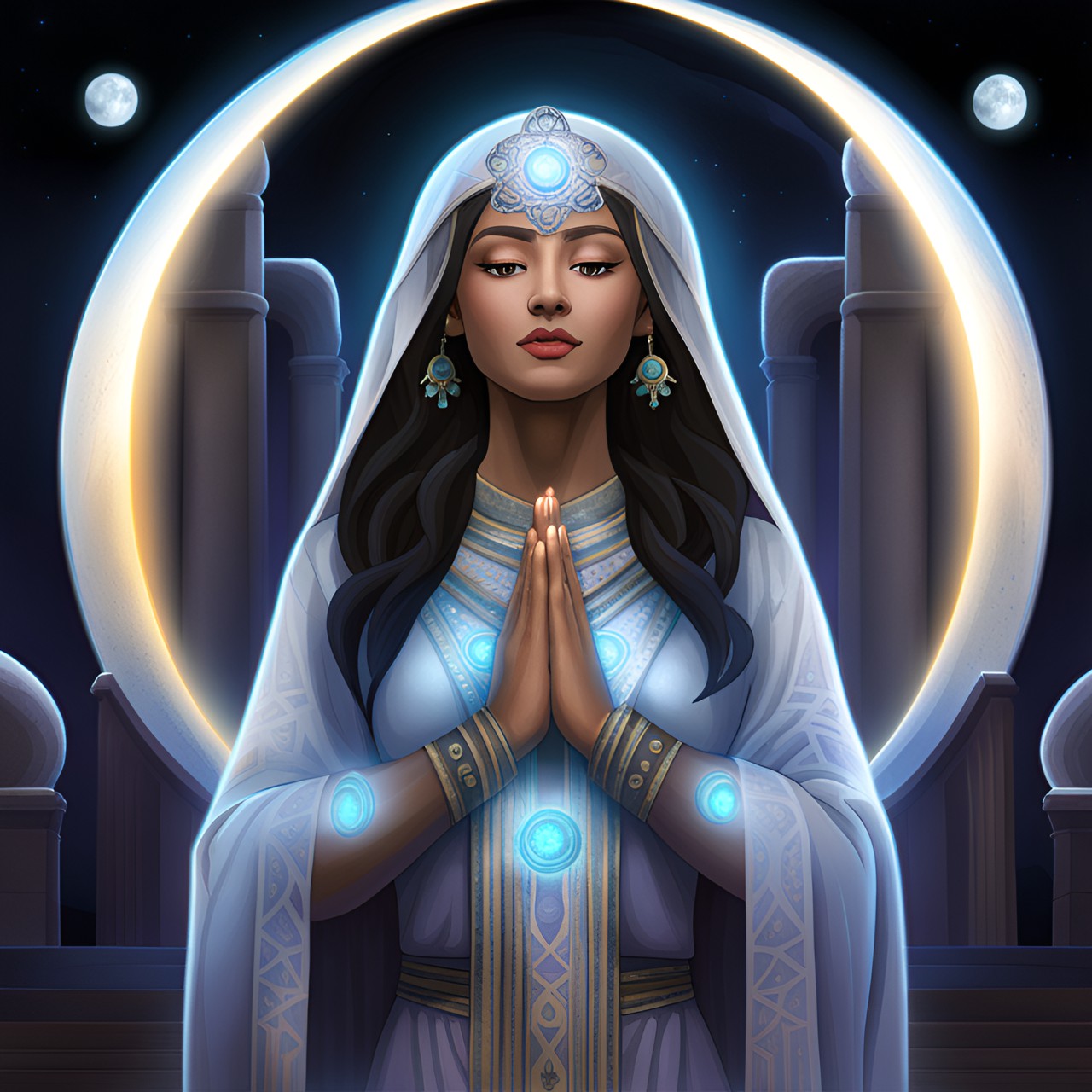 in the soft glow of the moonlight, a priestess of the moon stands amidst ancient ruins, her face is serene and she has large, dark eyes. her ethereal robe adorned with shimmering lunar symbols. her hands are gracefully held together in prayer preview