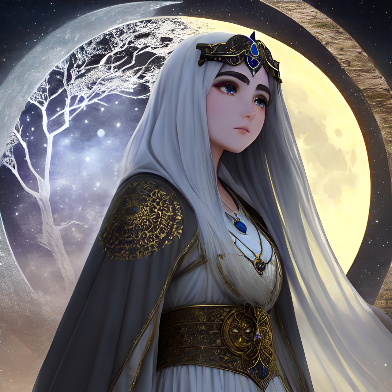 in the soft glow of the moonlight, a priestess of the moon stands amidst ancient ruins, her face is serene and she has large, dark eyes. her ethereal robe adorned with shimmering lunar symbols. preview