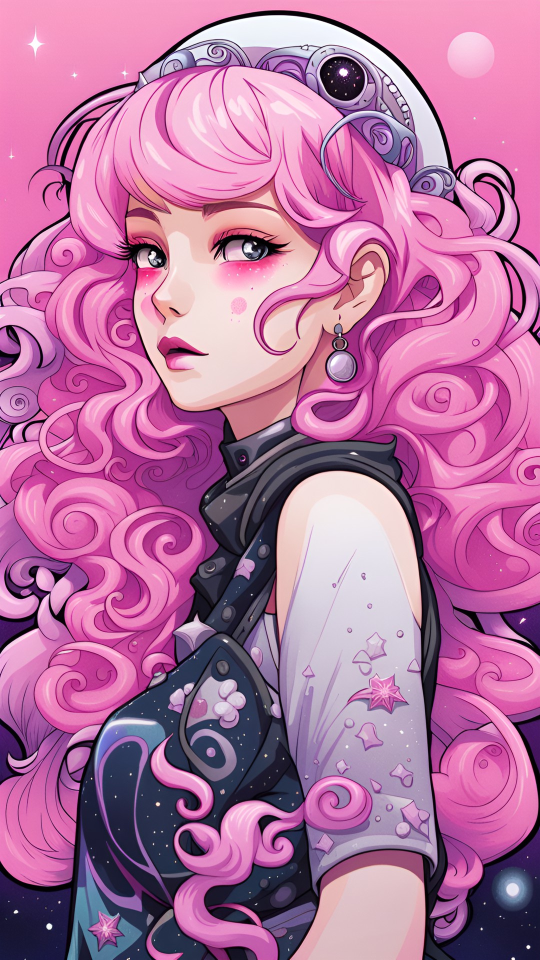 anime woman, cosmic goth, intricate, smooth gradients, highly detailed, illustration, high contrast, kawaii, pink hair, sticker concept preview