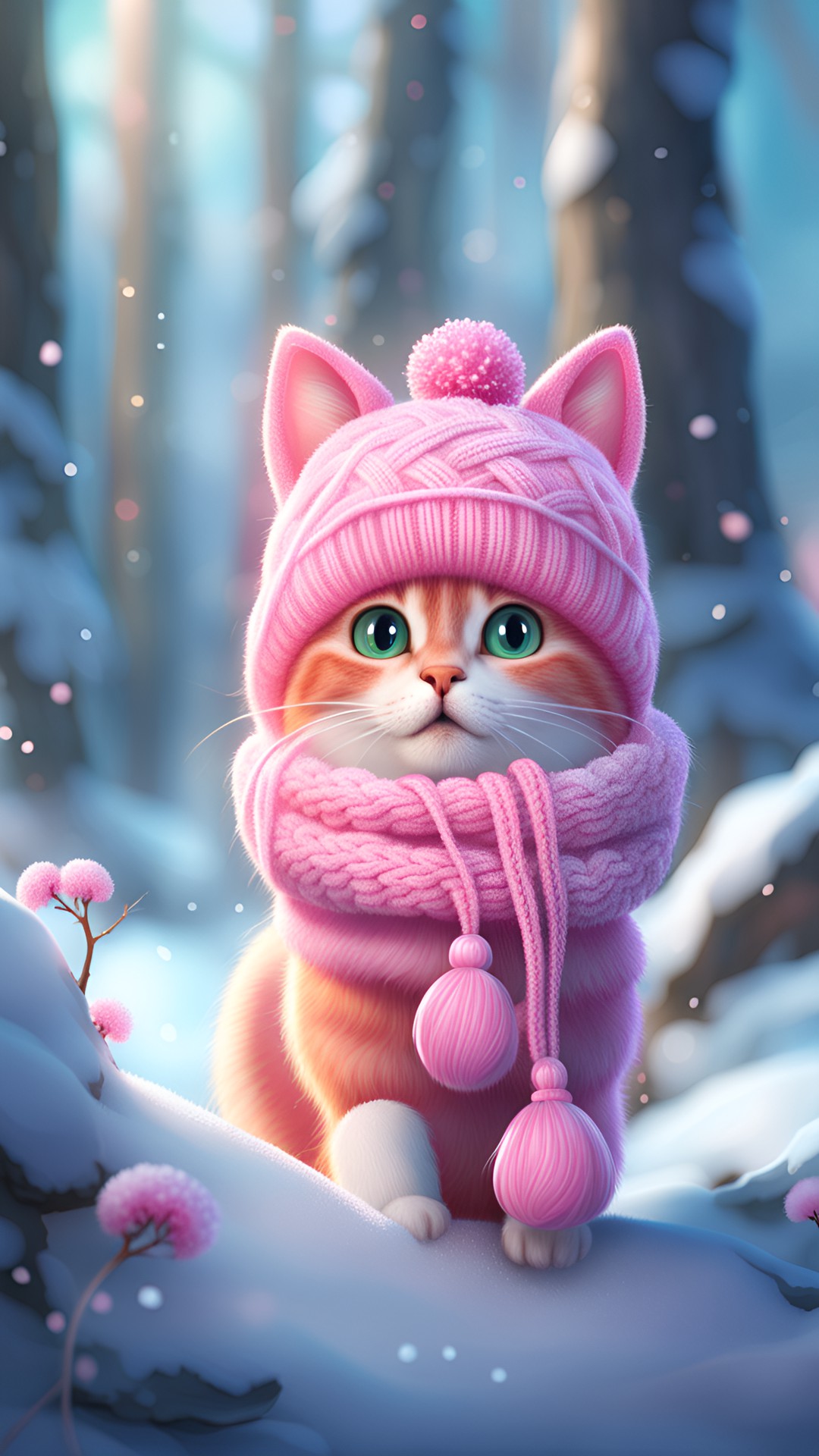 portrait of a cute pink cat in a knitted hat, cartoon character, in a magical winter forest, snow, highly detailed, sharp focus, trending on artstation preview