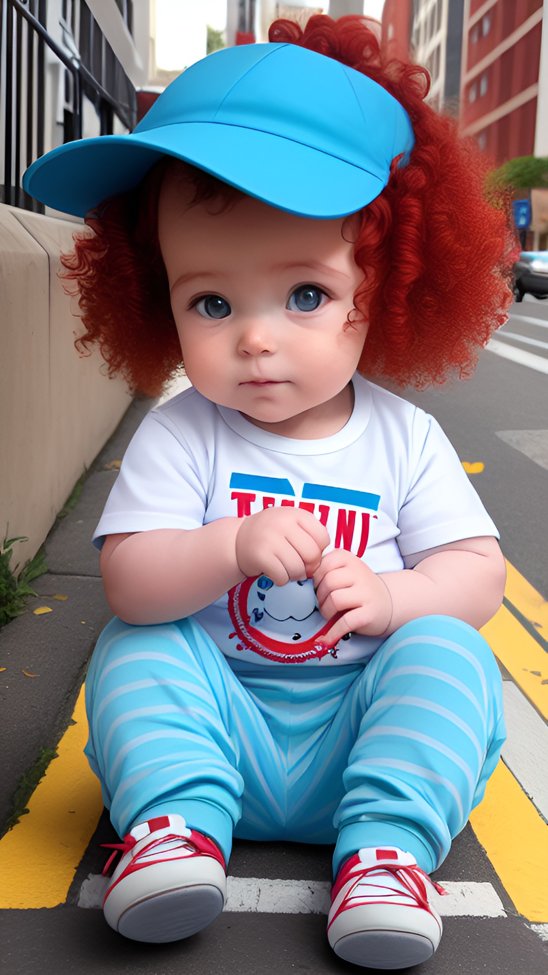 a 6-month-old red-haired infant with curly hair blue eyes and her hair wearing light blue sitting on a sidewalk by herself preview