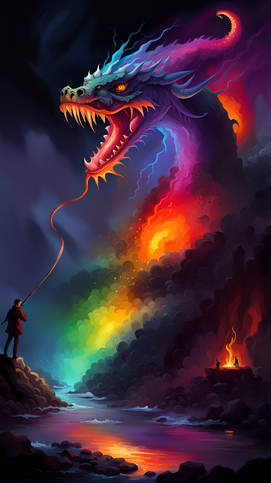 rainbow river, dragon, fire, dark, life preview