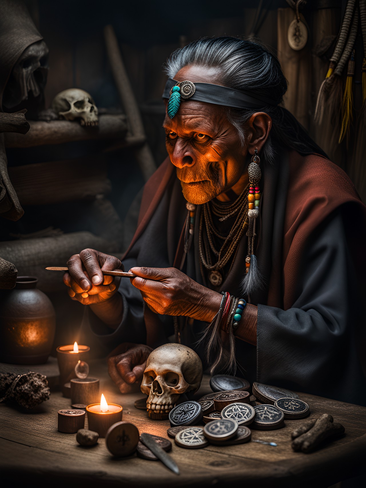 the shaman sat within the smokey hut, arranging the tokens that tell my future. a skull, an obsidian blade, a cup, a feather. preview