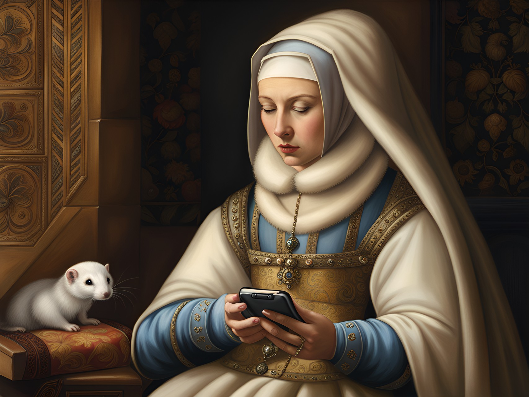 portrait of a medieval woman looking at her iphone with a white ferret preview