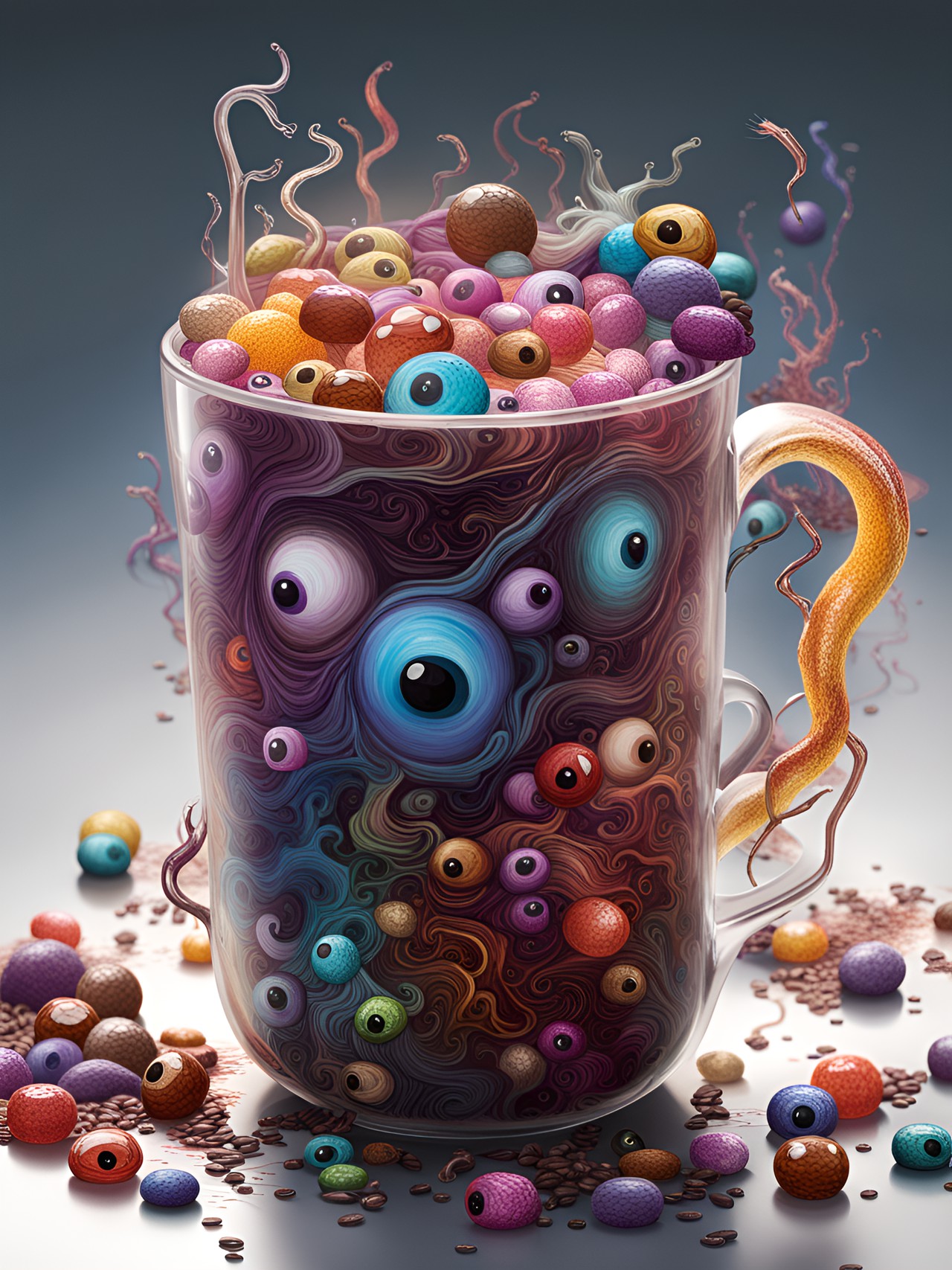 a transparent coffee mug packed full with a lot of eyeballs and a plastic straw patterns composition, isometric angle, white table preview