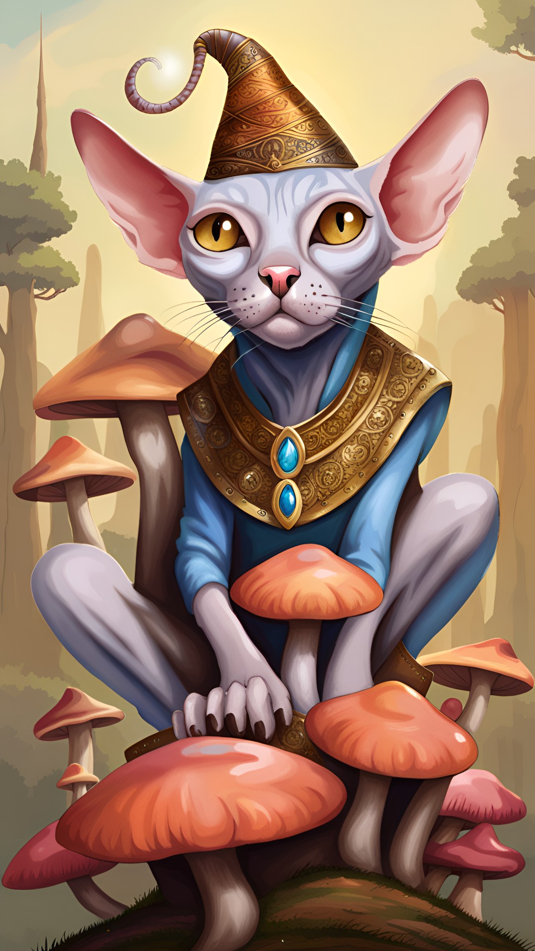 sphinx cat on top of mushrooms. the sphinx cat has wizard powers preview