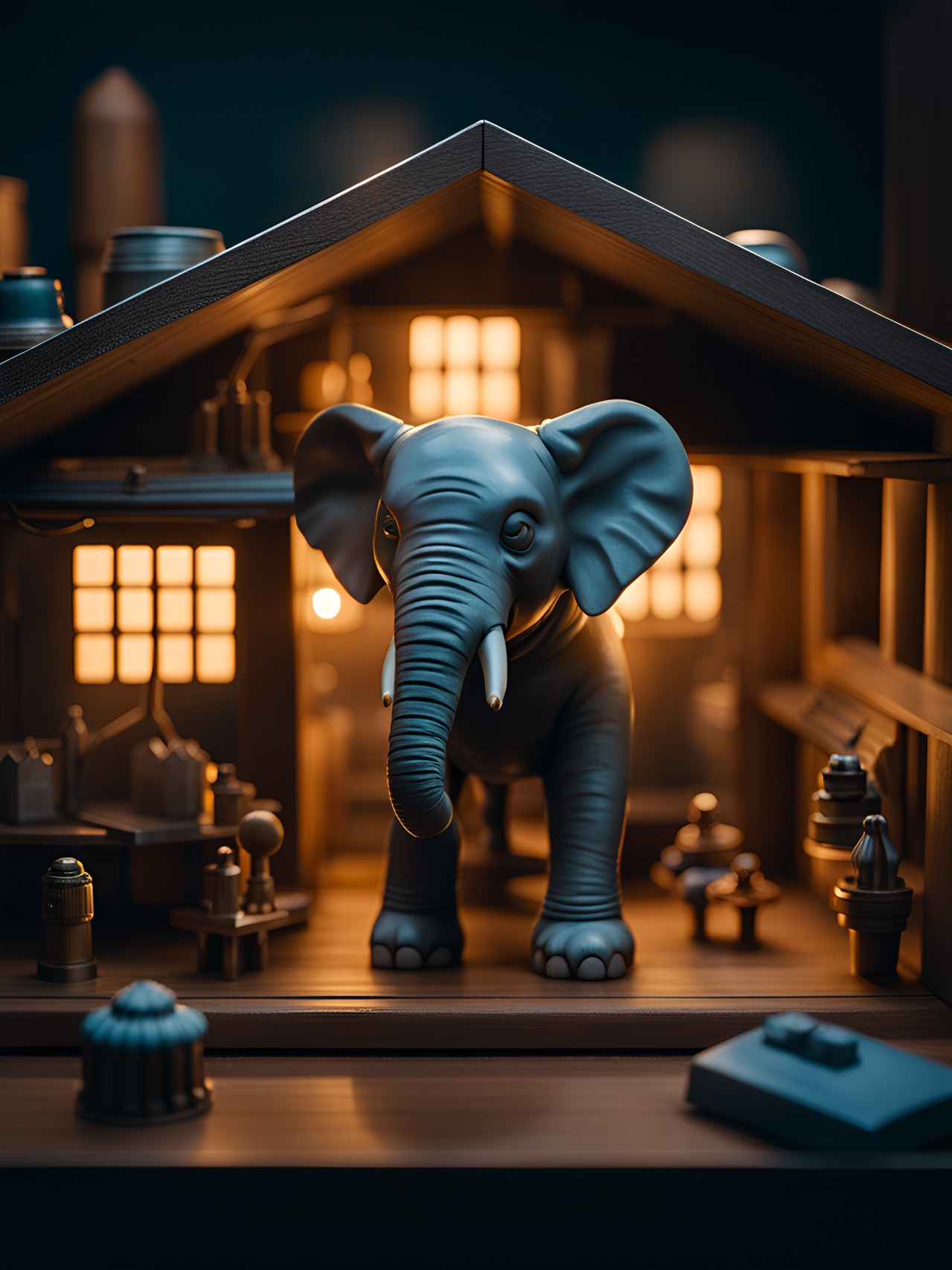 an elephant inside a house. the house is surrounded by blind men. preview