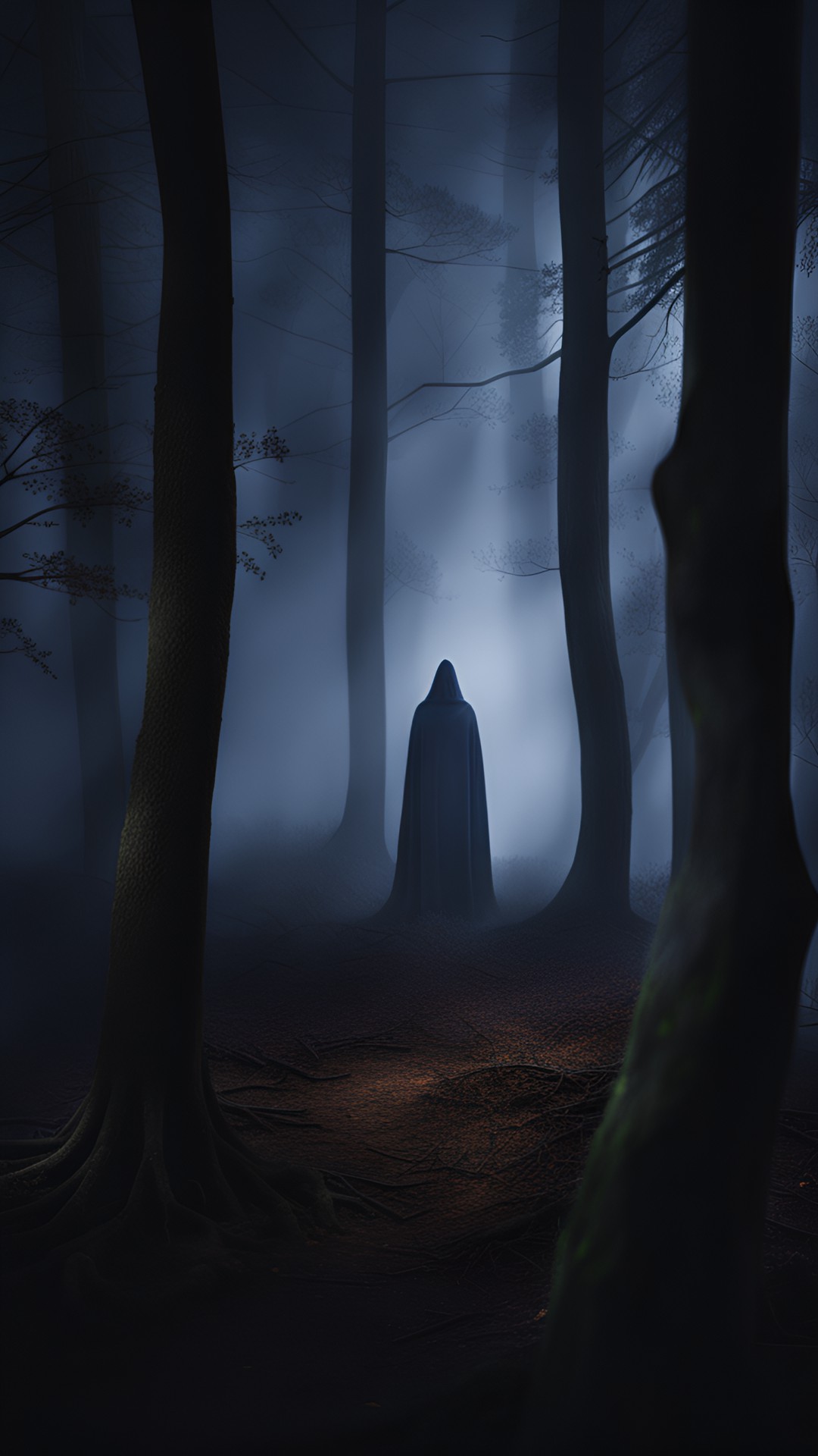 a small hidden spooky figure seen in the night foggy woods, long exposure preview