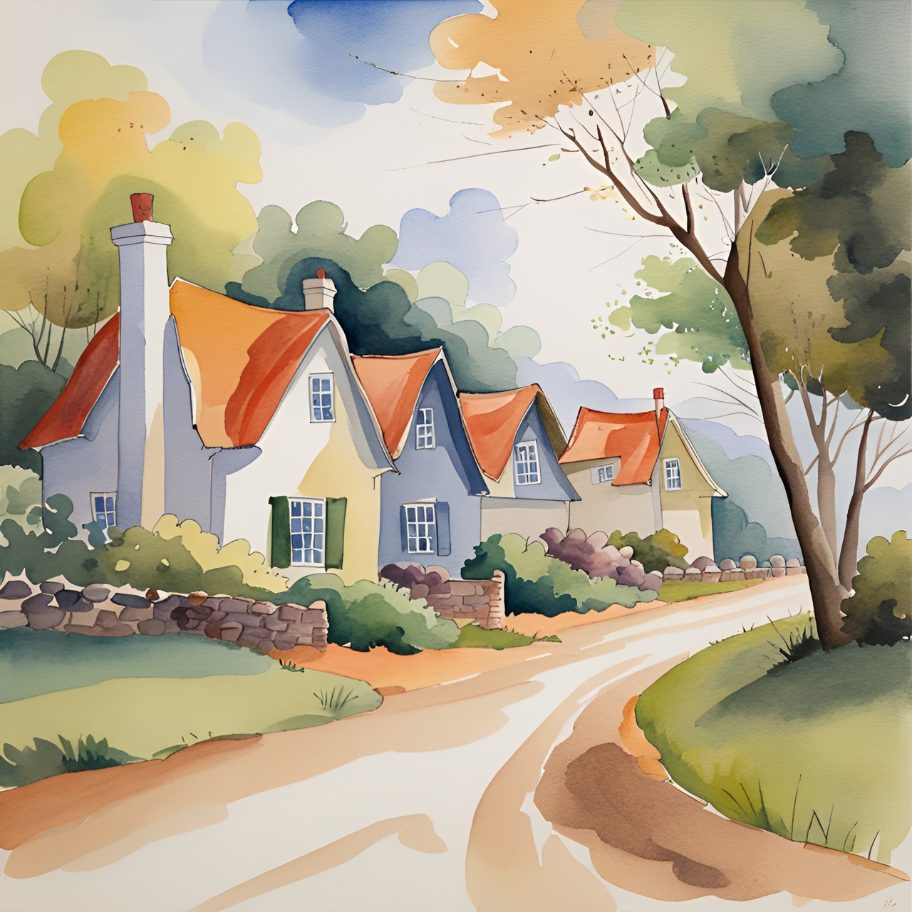 cottages along a road watercolor preview