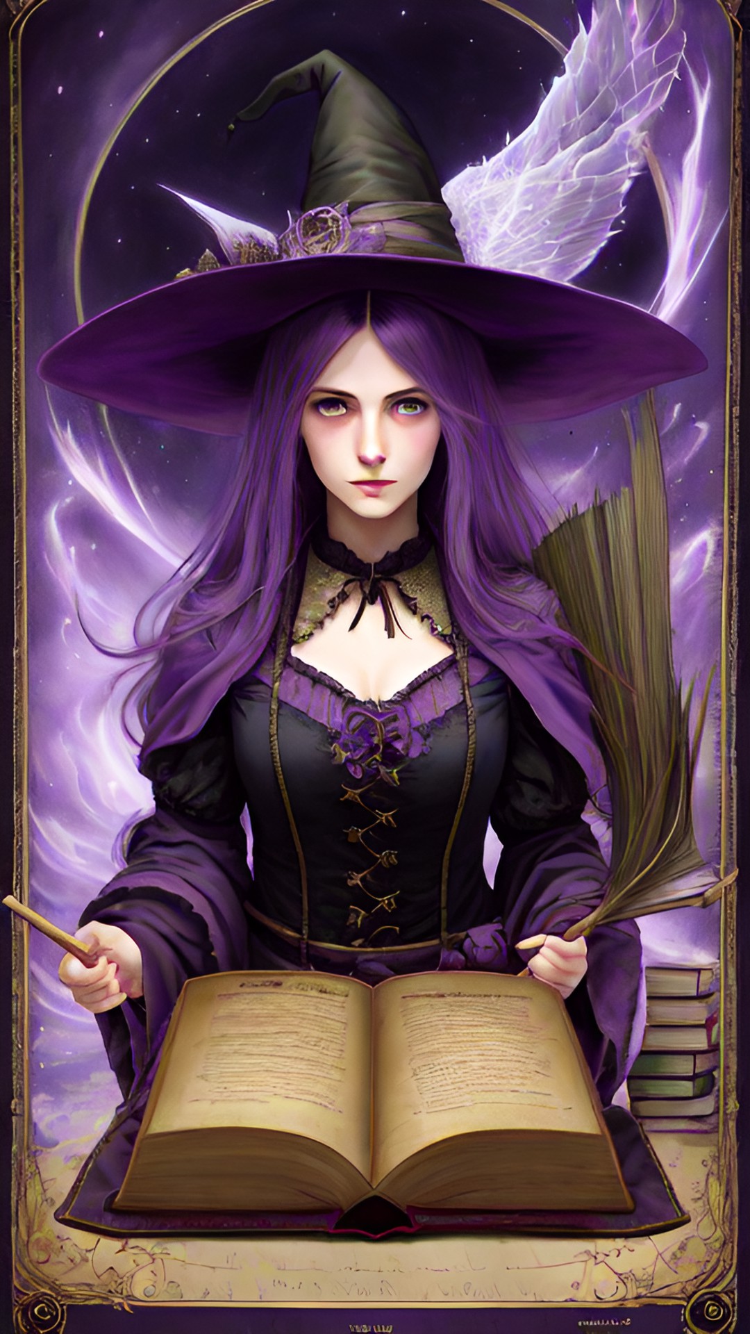 witch in purple with magic book and flying broomstick preview