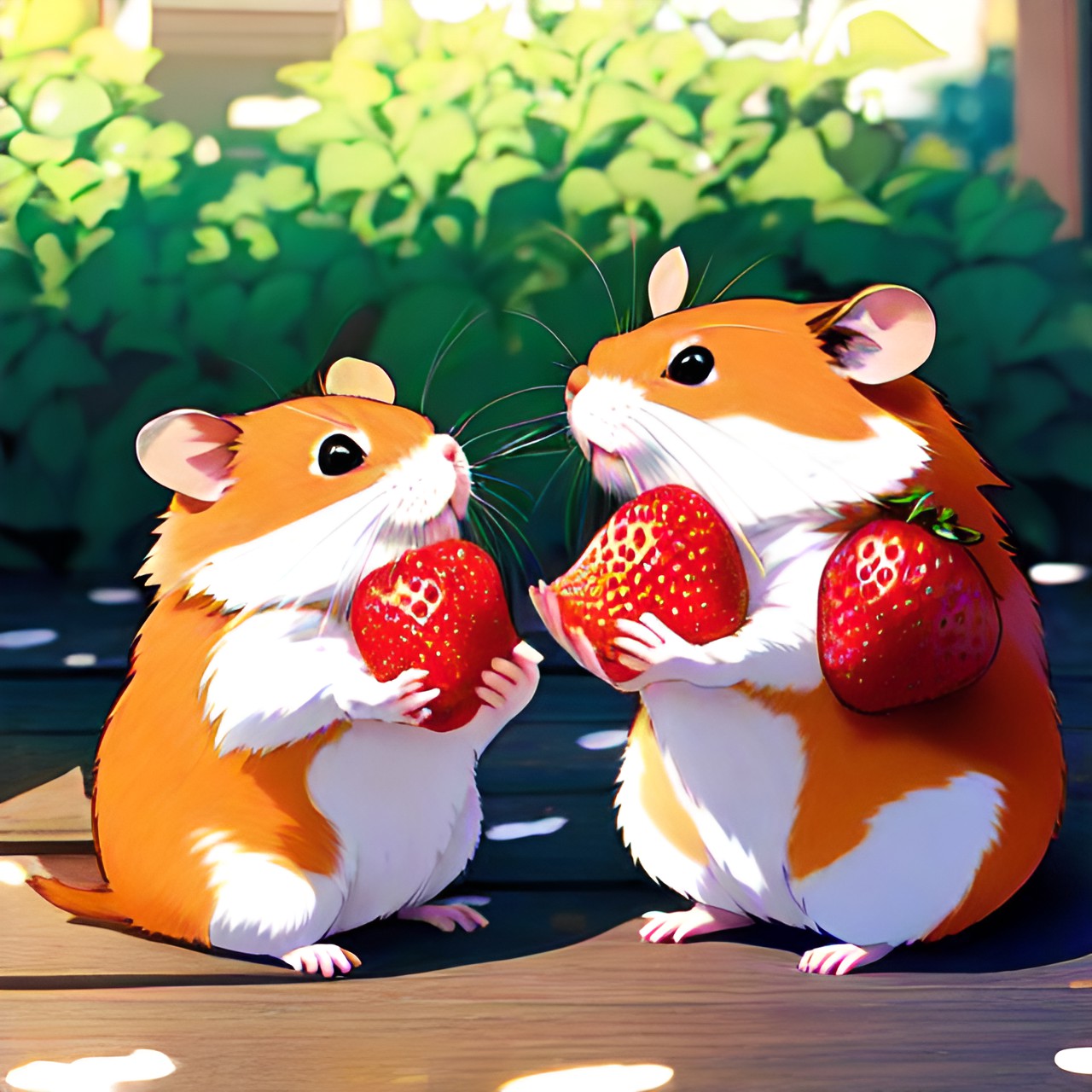 two happy hamsters eating strawberries preview