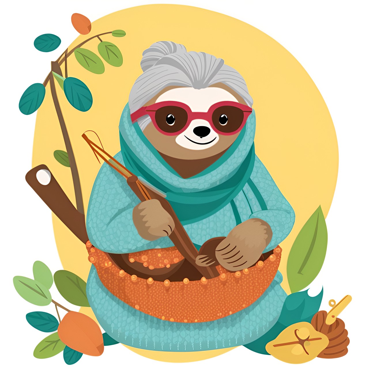 sloth granny knitting clip art on white background preview