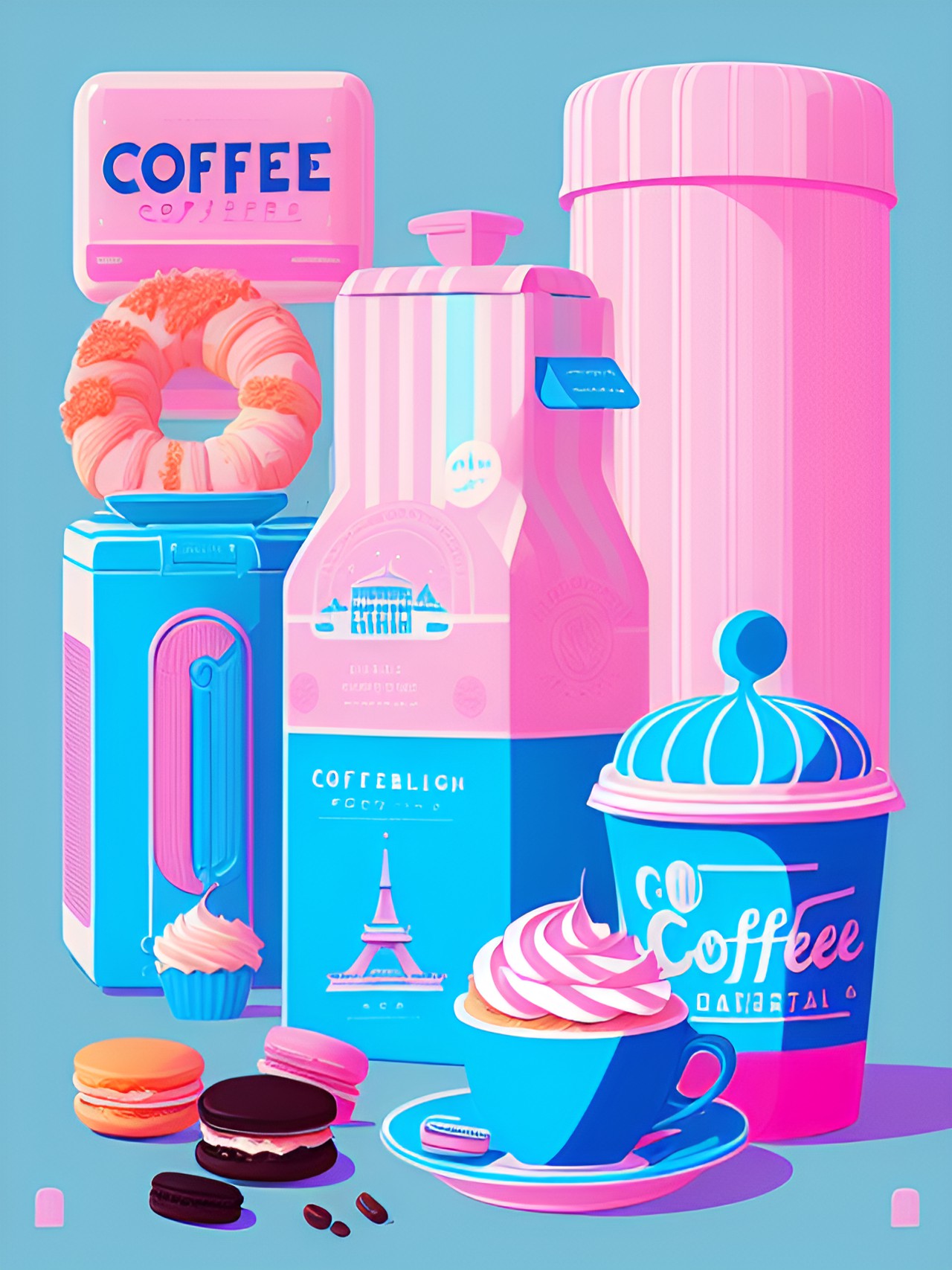 coffee, french croissant, macarons and butter in light blue and light pink preview