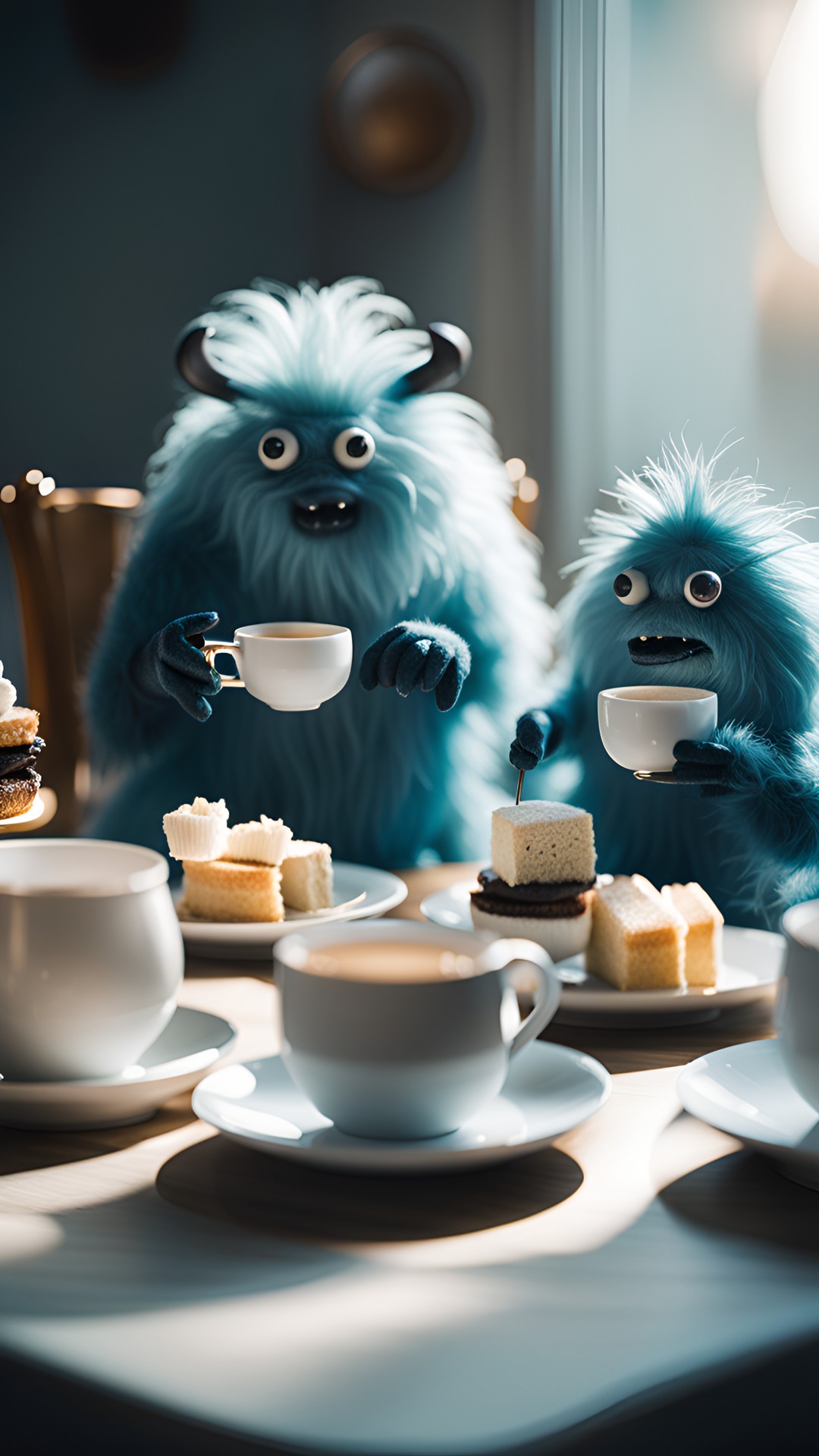 sophisticated fluff monsters having afternoon tea, elegant and refined preview