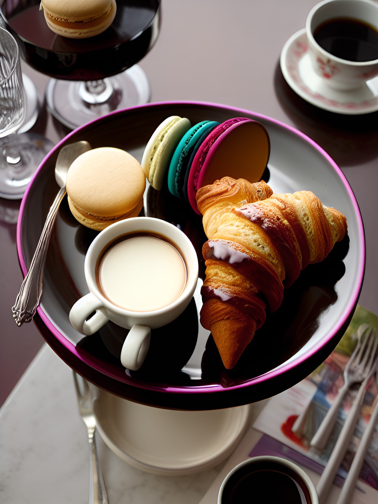 fondue, croissant, macaron, coffee preview