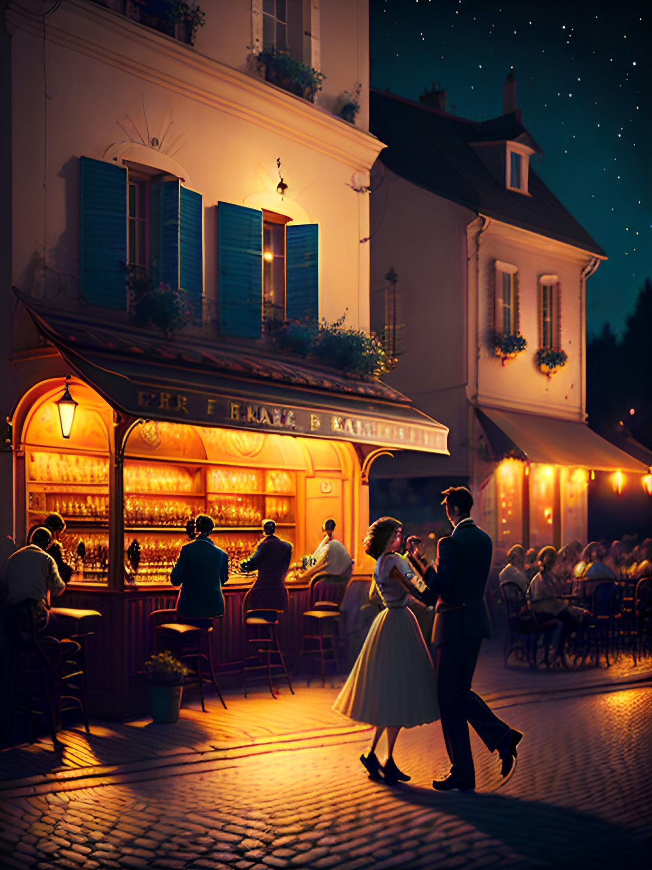 french bar at summer night with music ans people dancing preview