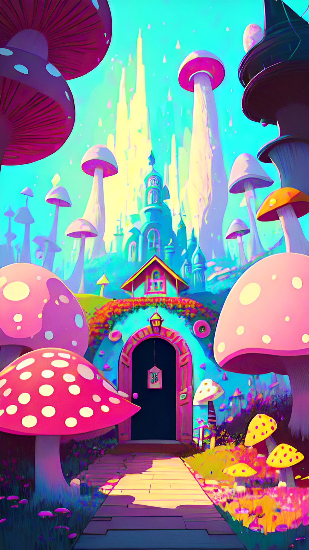 portals cottagecore pink door with mushroom, alice in wonderland style preview