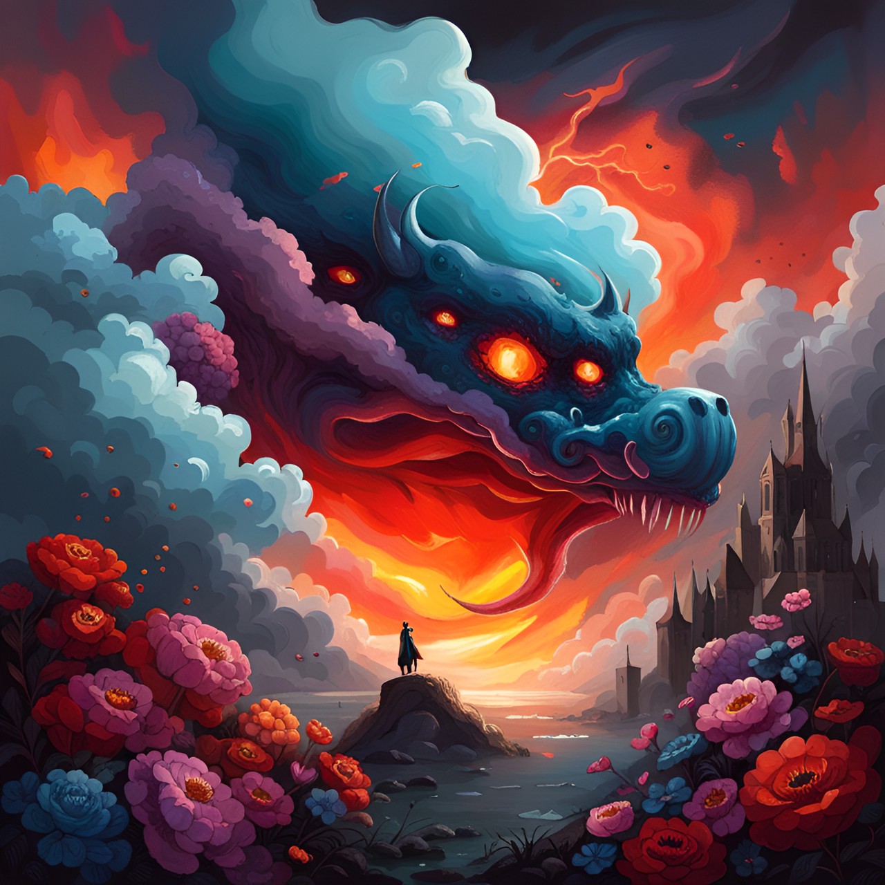 Dragon in the clouds - clouds made of flowers and fire preview