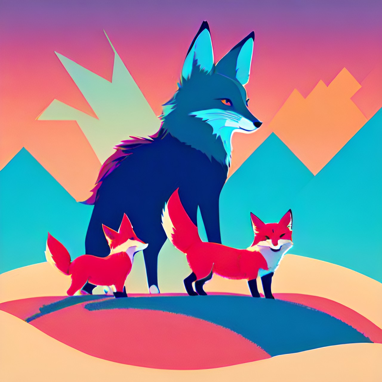 simple,  mother fox, fox cubs, on a hill, pink sky, abstract, bright, simple preview