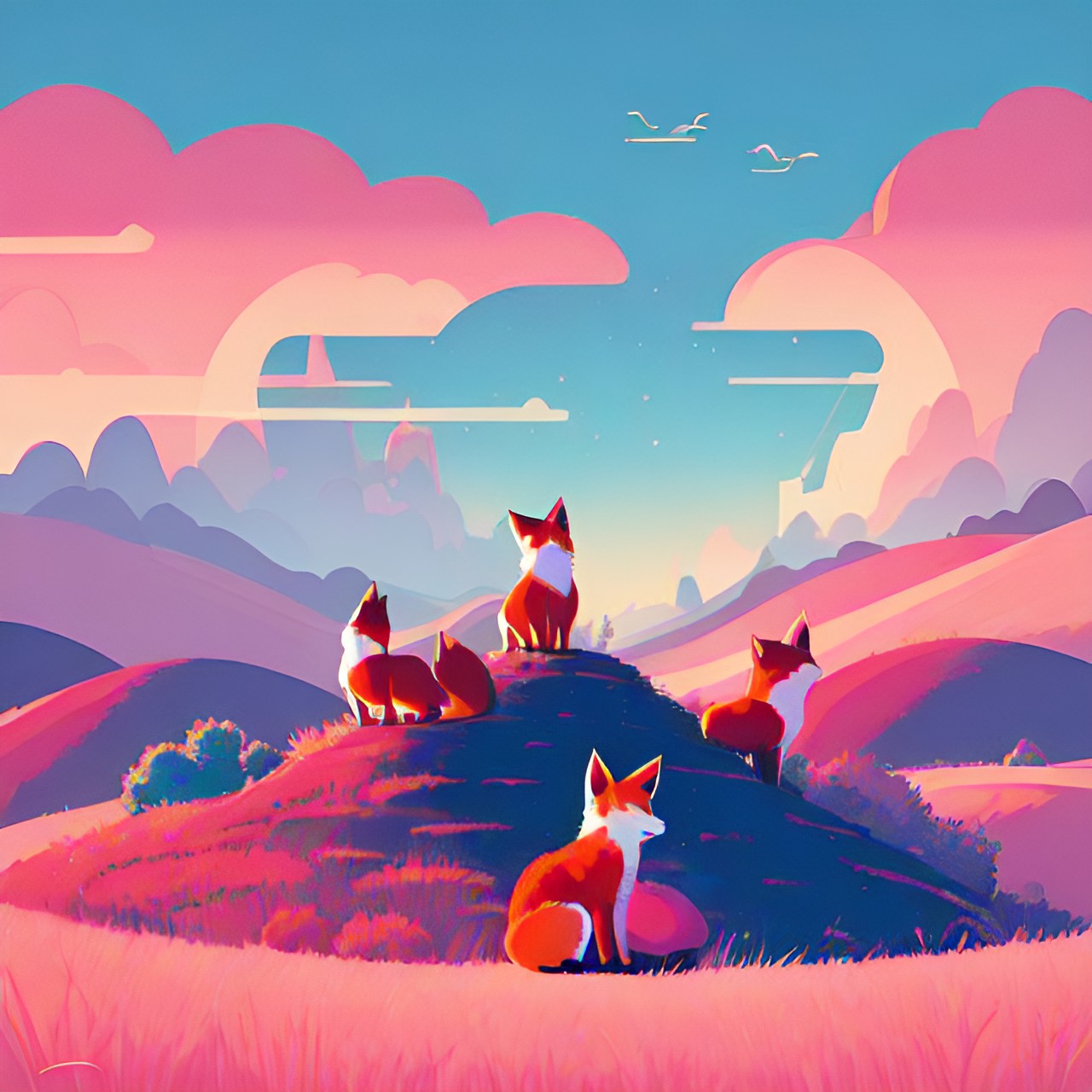 simple,  mother fox, fox cubs, on a hill, pink sky, abstract, bright, simple preview