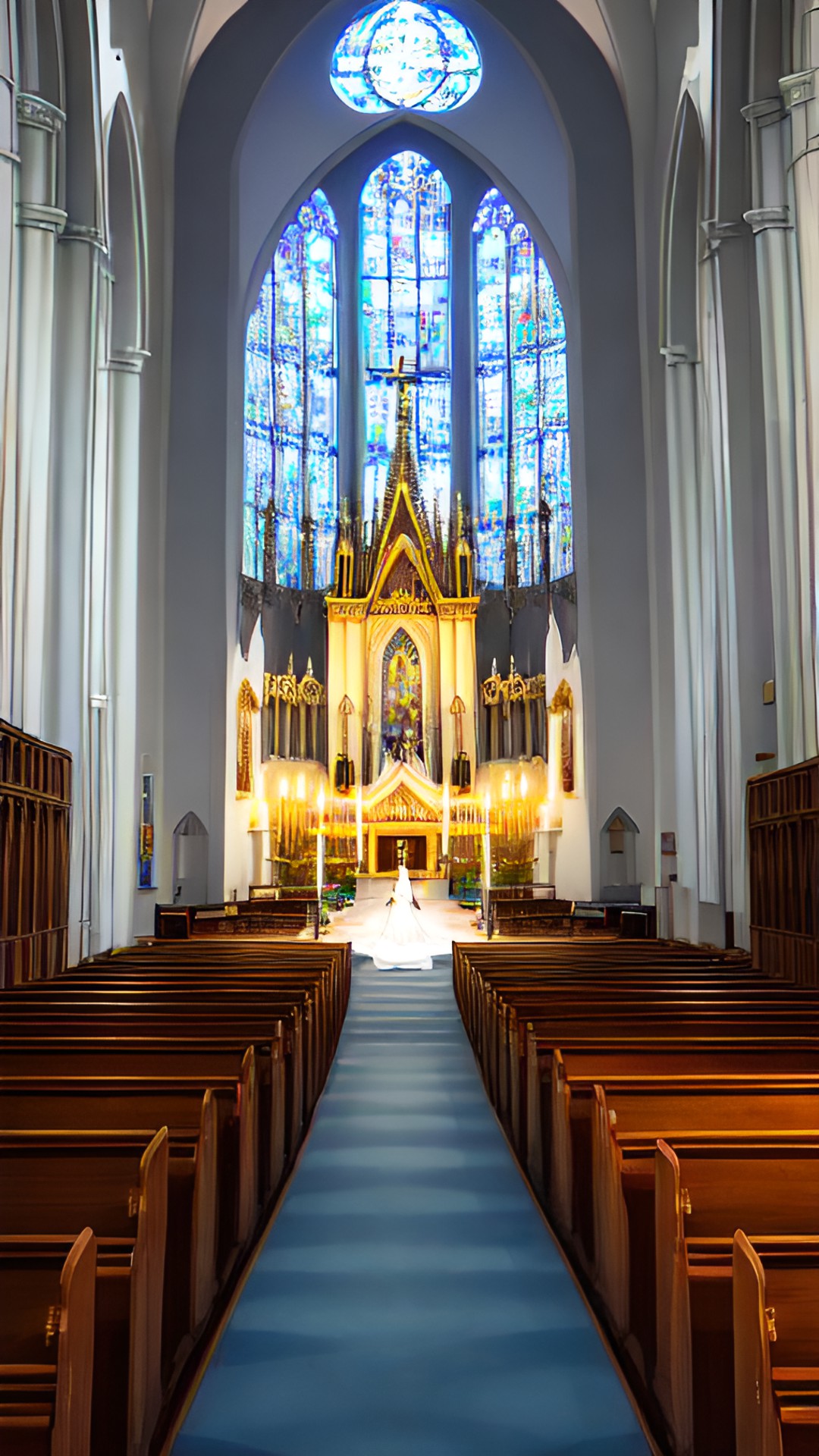 the bride's spirit floats in the church. moonlight shines into the church. preview