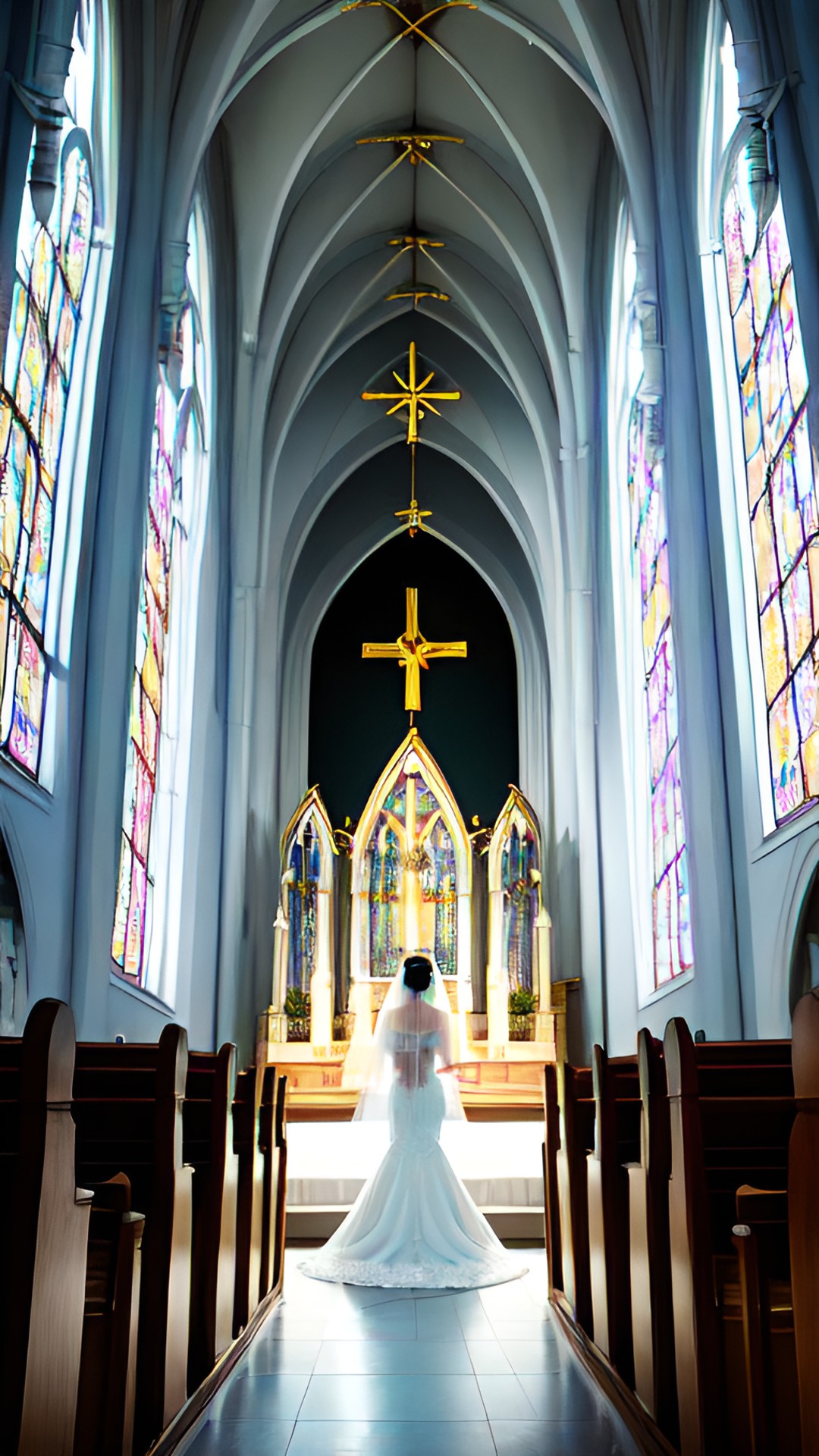 the bride's spirit floats in the church. moonlight shines into the church. preview