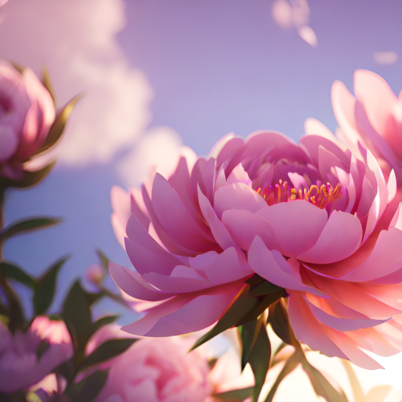 peony, realistic, pastel pallet, 3d render, hd, high detail, magic vibe, sunbeams, shiny, blur background preview