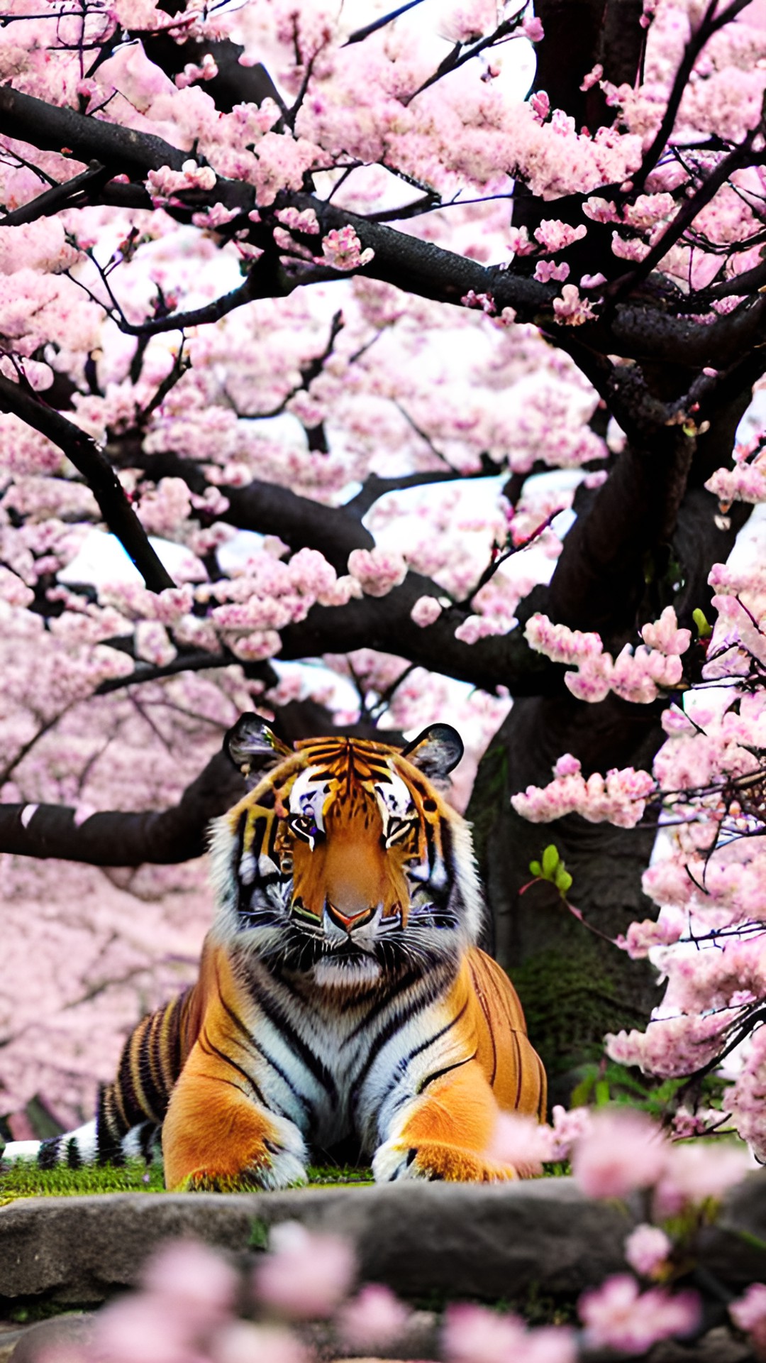 Tiger  - tiger and cherry blossom tree  - a tiger is lounging in the shade of a blooming cherry blossom tree, pink petals drifting down around him. preview
