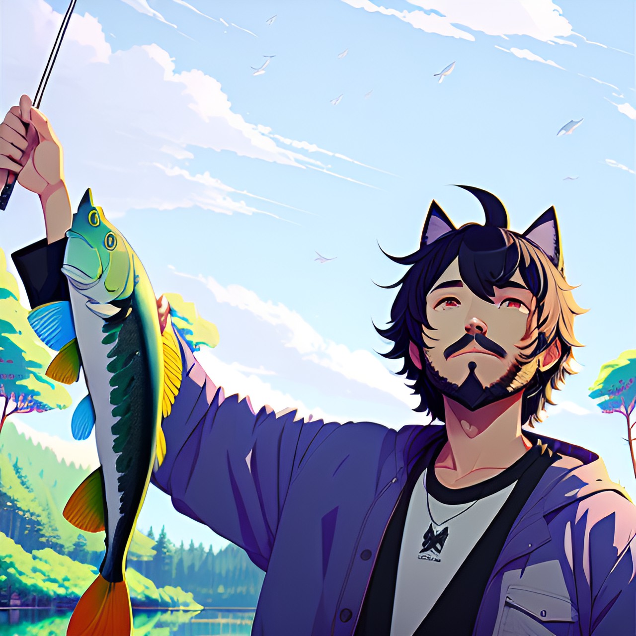 Cat boi fish selfie - 3d rendering, high quality, hyper realistic, vivid colors, man,with cat ears, black hair, beard, with a huge fish, sky, trees, lake scene, forest background, in the style of anime preview