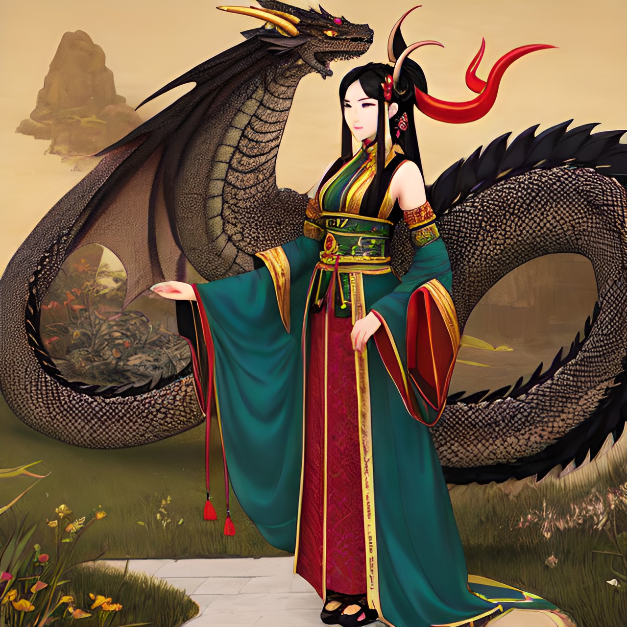 woman with long eastern style dragon tail and long thin horns preview