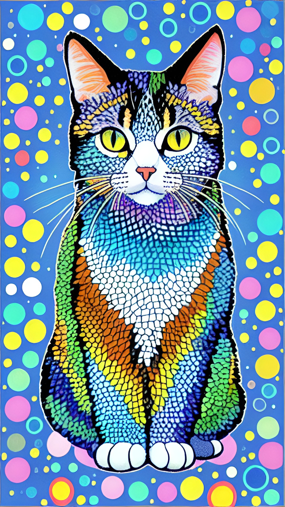 a cat as a mosaic of dots and colors in pointillism. compose in center with clear space around in white background preview