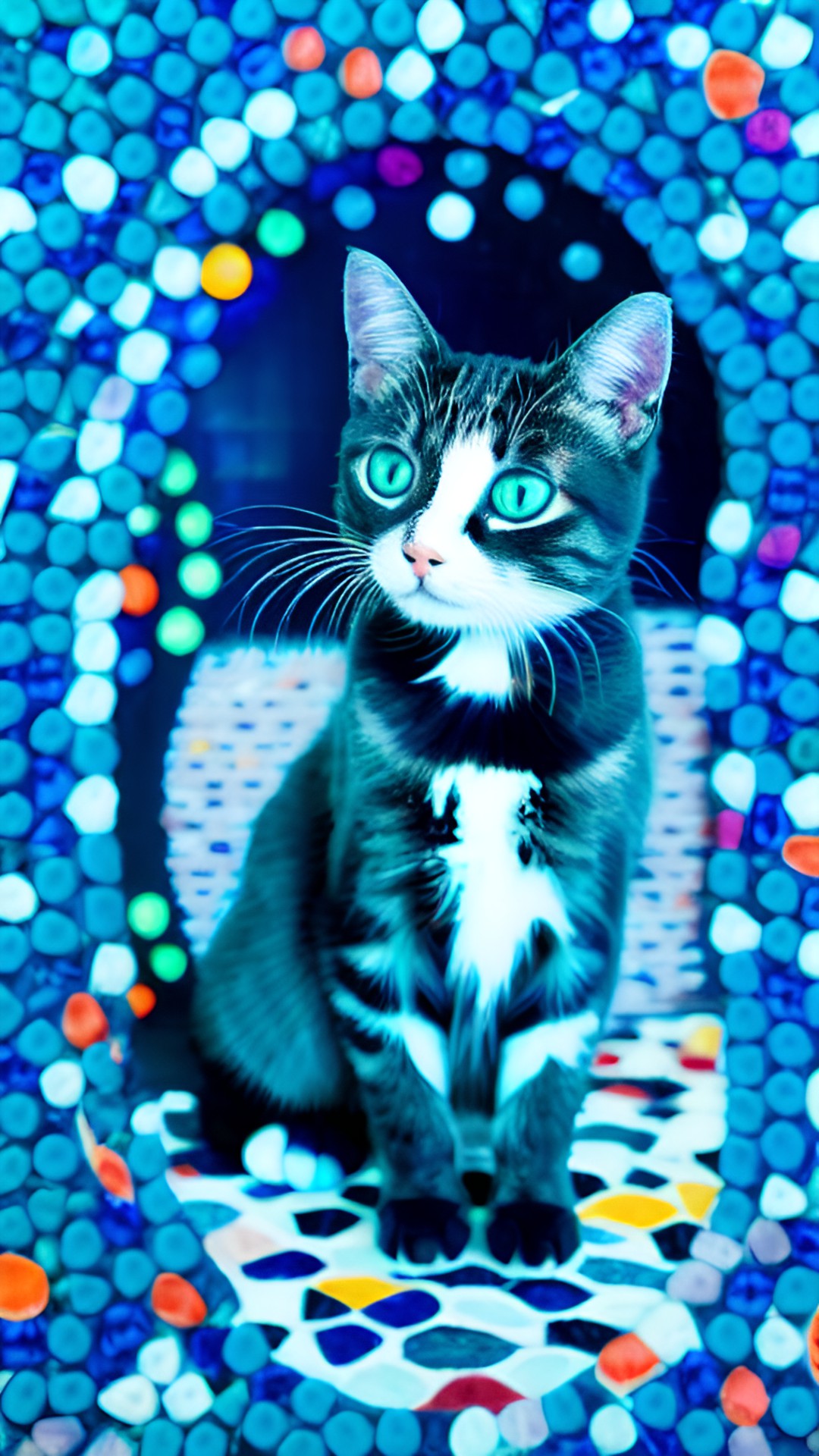 a cat as a mosaic of dots and colors in pointillism. compose in center with clear space around in white background preview