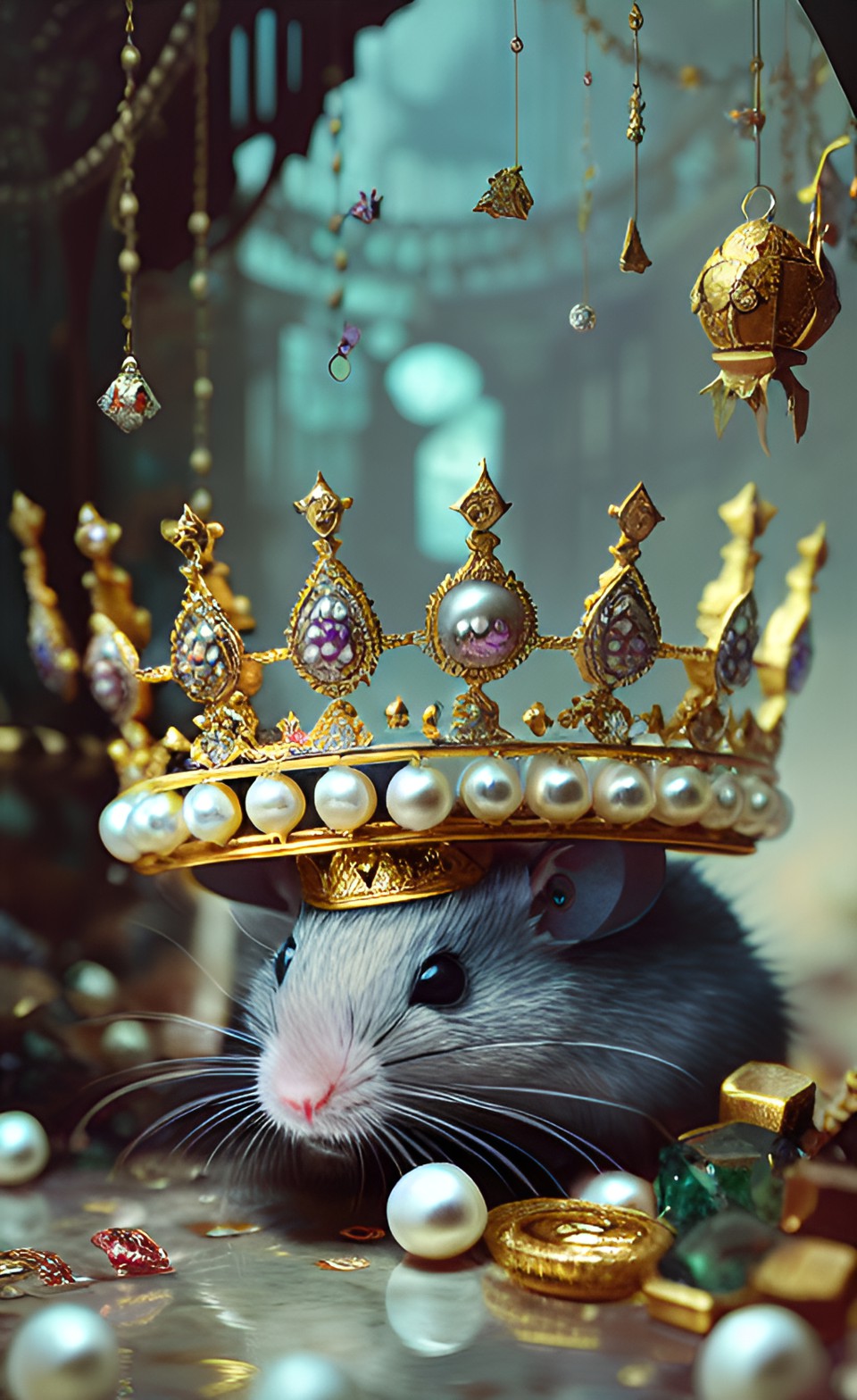 Crown Jewels, Pearls, Rat - a chamber filled with pearls, rat crawling around the jewels, and an exquisite crown as the centerpiece. secret treasure hoard preview