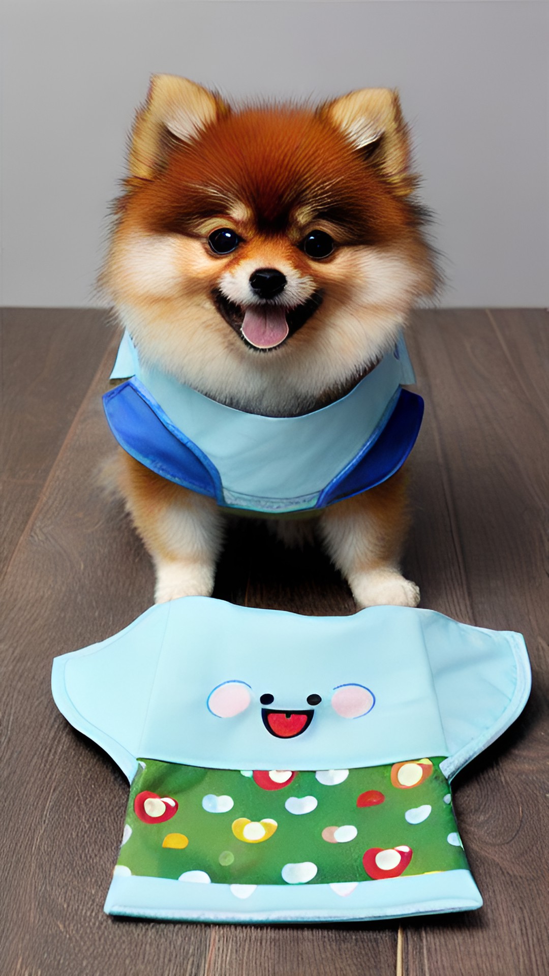 cute  little  happy  pomeranian  wearing a  bib preview