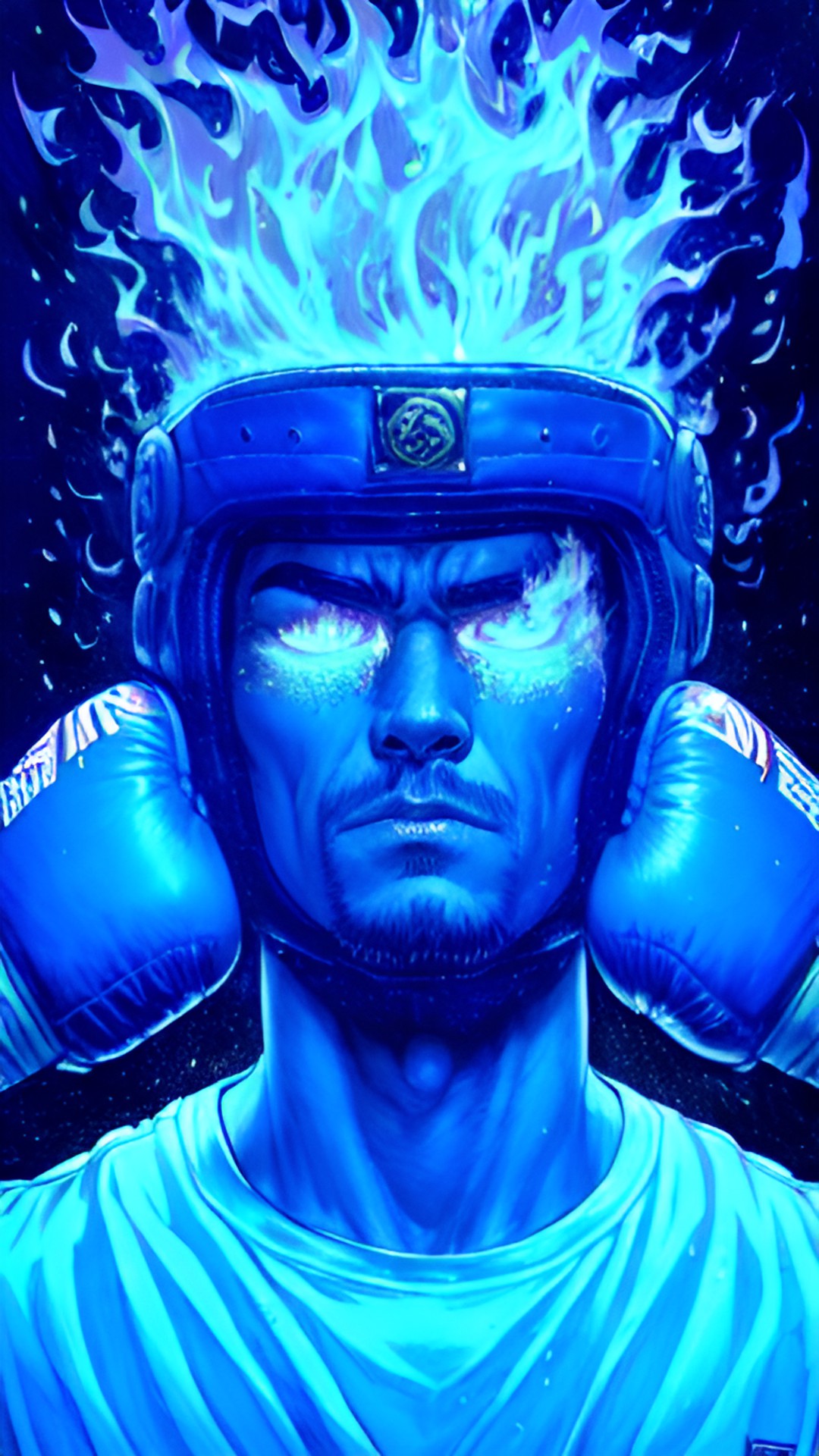 a boxer with his boxing gloves on fire and his head to. preview