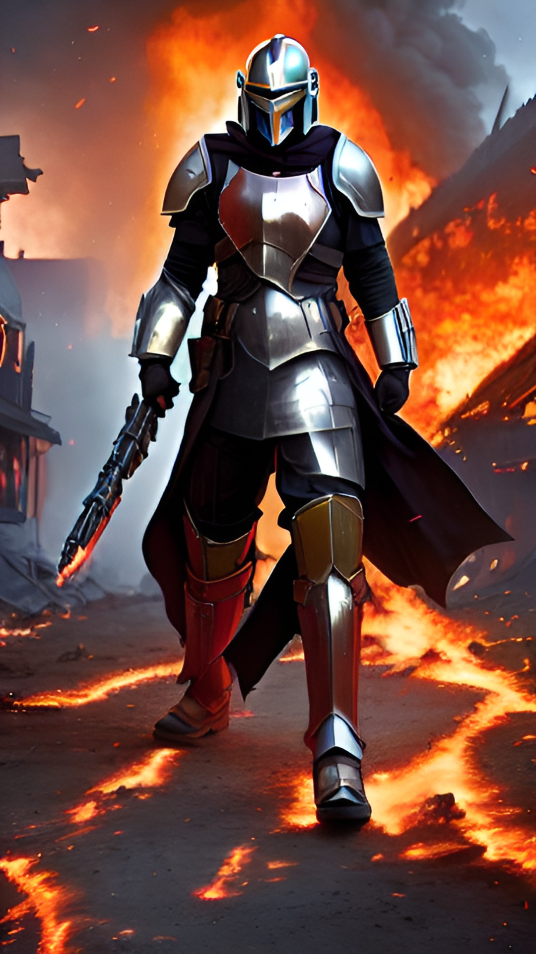 mandilorian in a burning town with a path of death and destruction around him - a mandilorian in a burning town, with a path of death and destruction around him. he looks fierce and dangerous preview