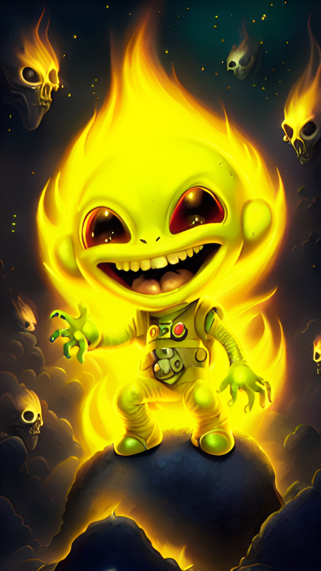 A world aflame - alien who is grin and has lit the world on fire - alien who is grinning and has lit the world on fire. he is surrounded by flames and destruction, but he seems happy. he has green skin and a ray gun at his side preview