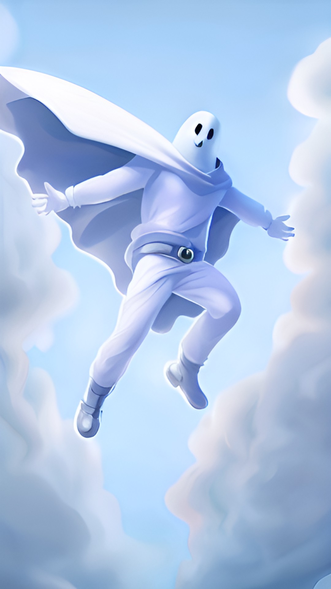 Ghost flyer - a man flying in the air with a cape he looks like a ghost and it’s daytime he has a smile and is in the air with a heroic pose preview