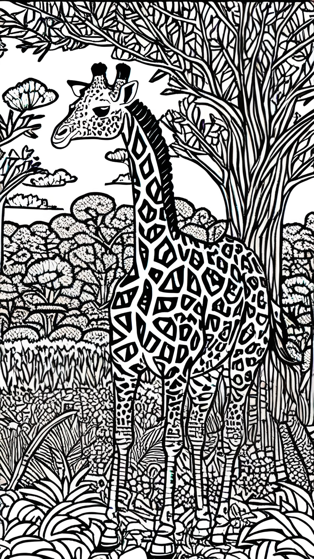 Girafa in savanna - create a cartoon-style coloring page of a giraffe in the african savannah preview