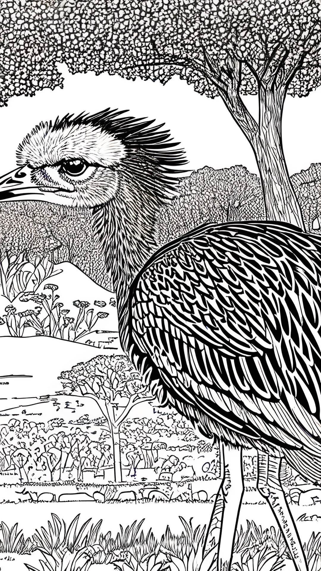 create a cartoon-style coloring page of an ostrich in the african savannah preview