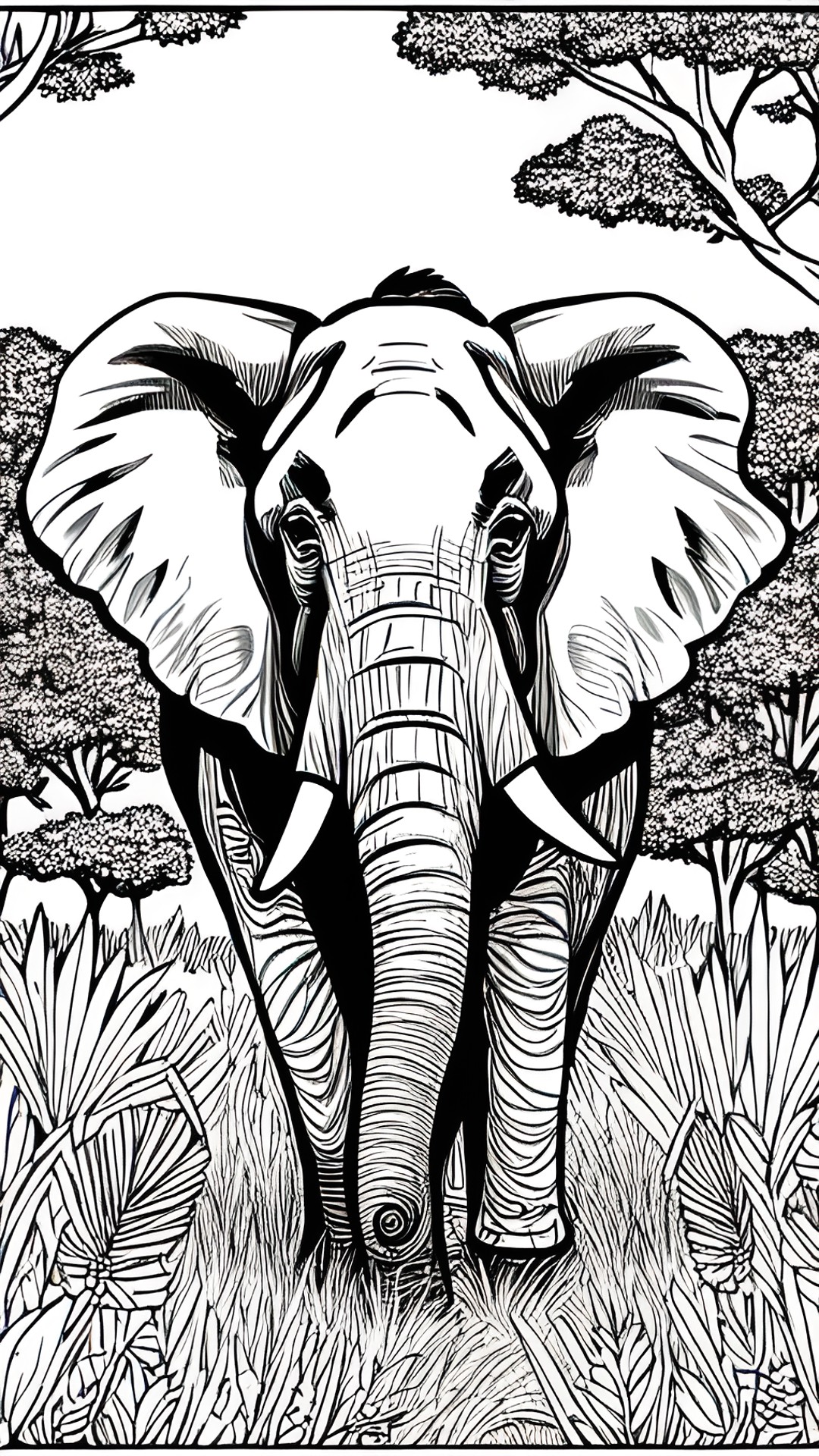 create a cartoon-style coloring page of an elephant in the african savannah preview