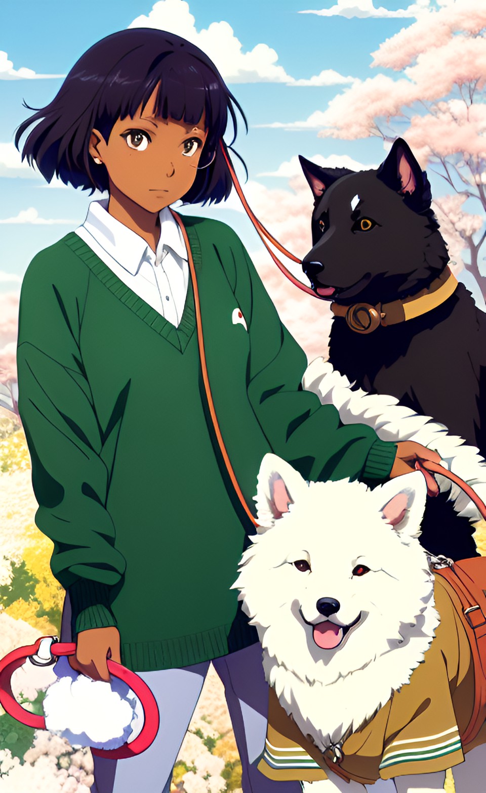 Leash, Sweater, Filmstrip - a dark-skinned woman wearing a sweater, surrounded by nostalgic filmstrips, holding a fluffy white dog on a leash. dreamy green lighting, smooth finish preview