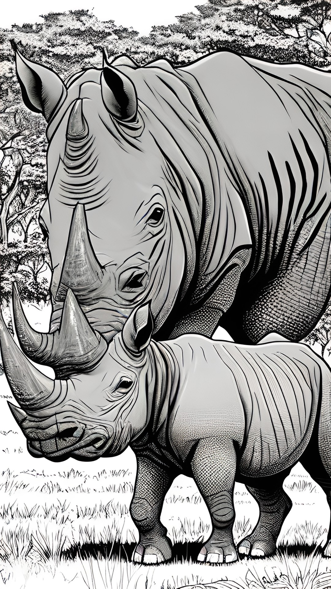 create a cartoon-style coloring page of a rhino in the african savannah preview