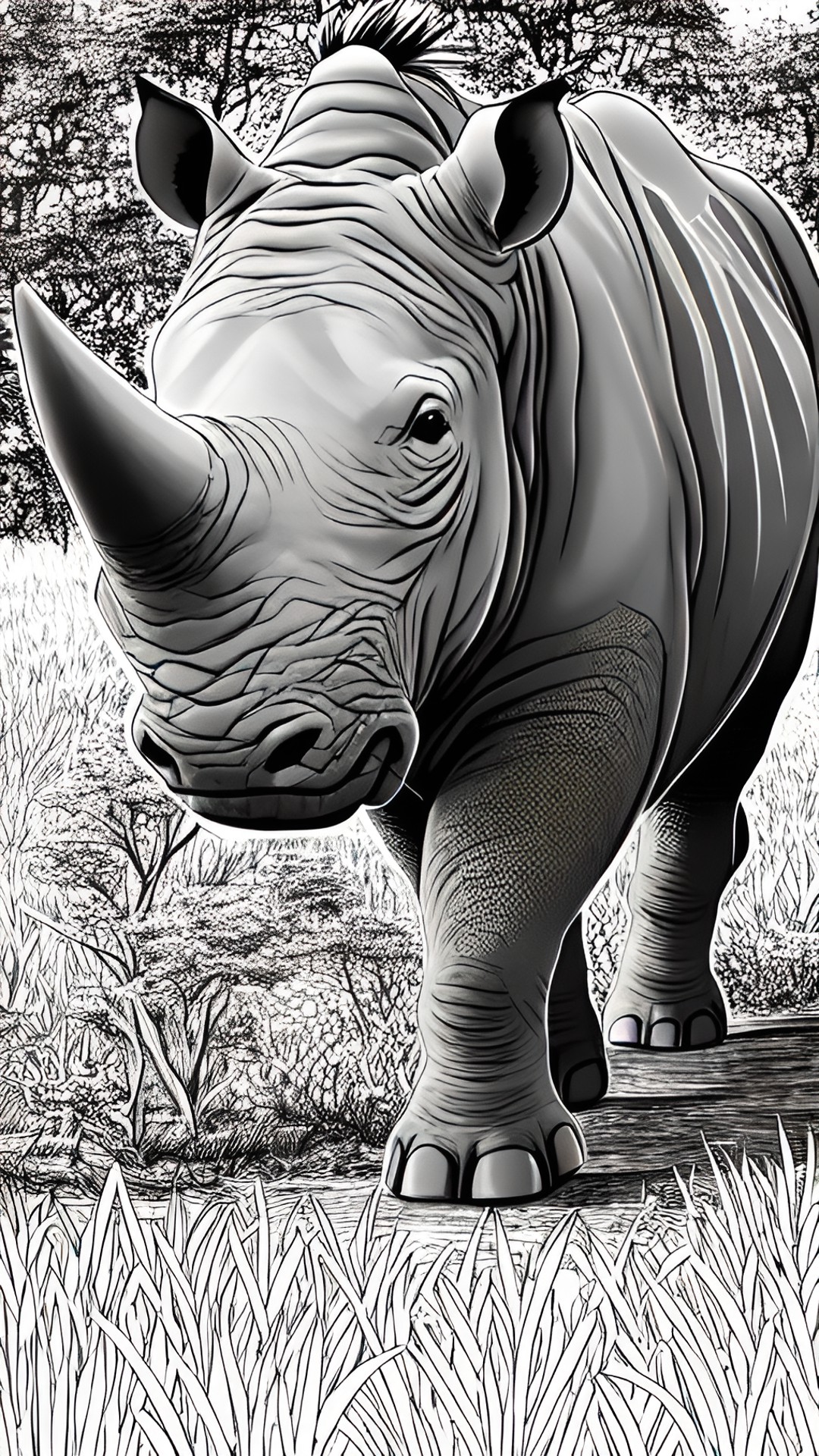 create a cartoon-style coloring page of a rhino in the african savannah preview