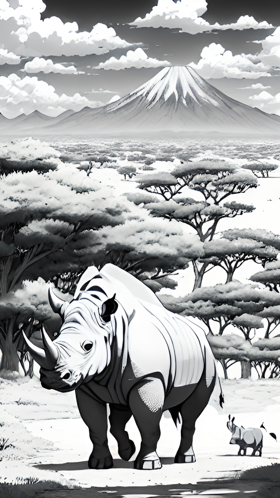 create a cartoon-style coloring page of a rhino in the african savannah preview