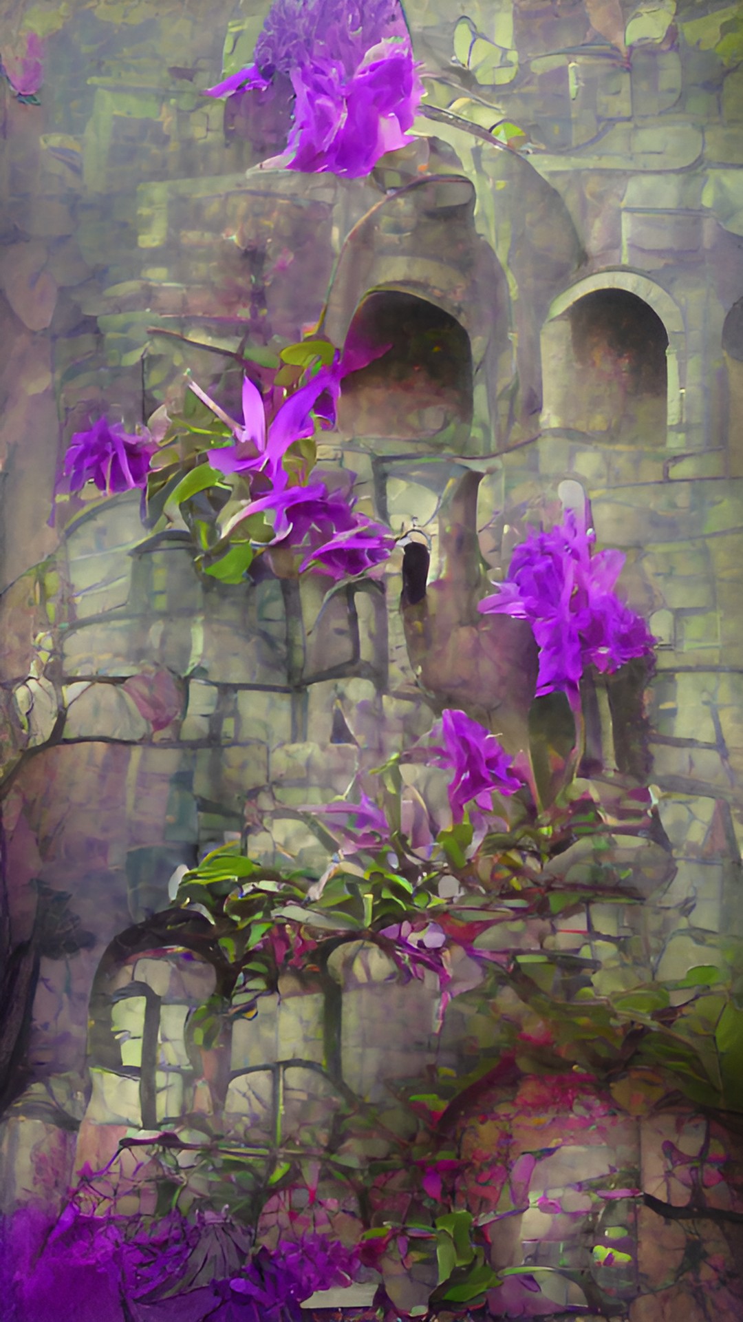 purple flowers growing on a vine around castle ruins preview