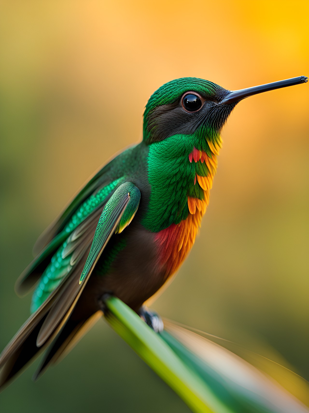 close-up of a dew drop on the beak of a hummingbird, catching the sunrise, extremely detailed, extreme minimalism, empty space. preview