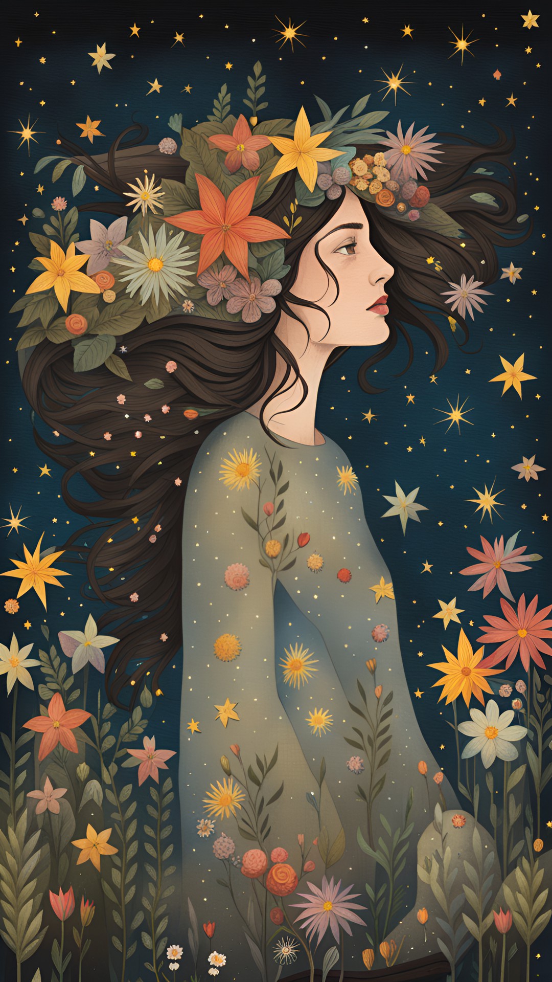 wild wandering woman with flowers in her hair and stars beneath her feet preview