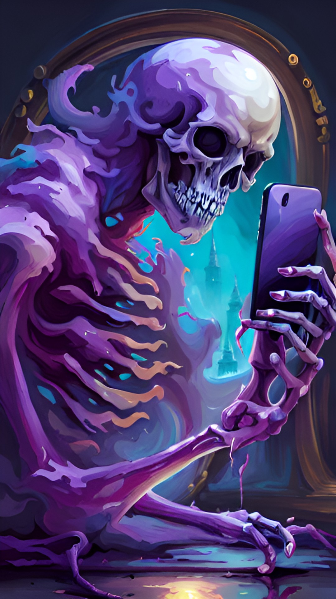 pink skeleton taking mirror selfde with phone preview