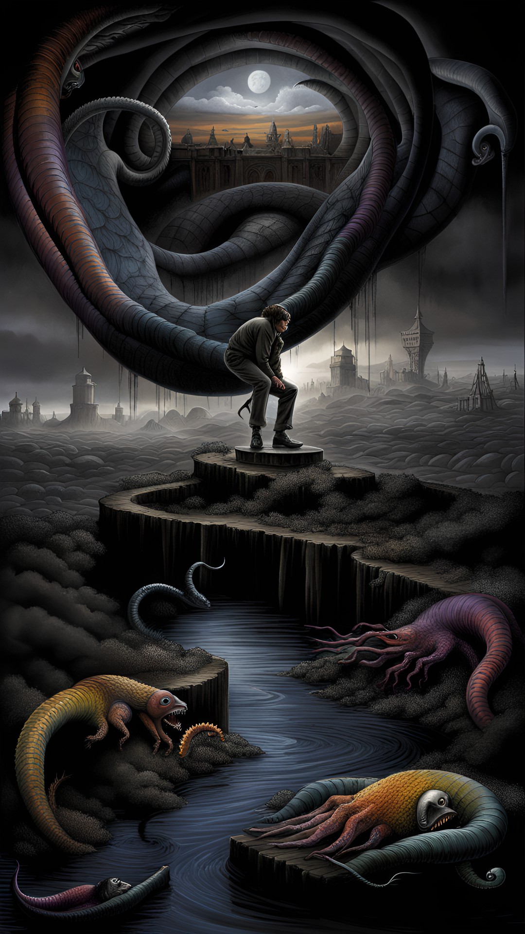 perhaps shadows or lights in a rainy day, artwork by jerry n uelsmann arthur tress joel-peter witkin hag h.r. giger peter, landscape or portrait, jumping on the rise, inside nature outside nightmares scifi liquid metal tubular seas scroll preview
